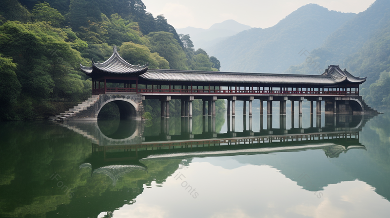 绿色江水上的横跨着一座桥美丽风景,高清,摄影图,摄影图片,图片大全,摄影图免费下载